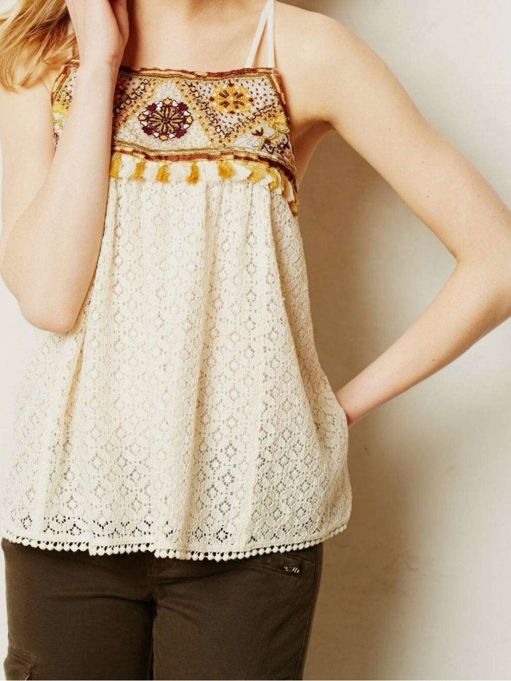 HD in Paris Cream Lace Embroidered Tassel Tank 6